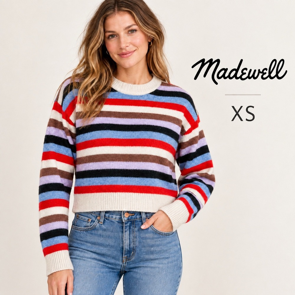Madewell James Striped Cropped Sweater Women XS Oversized Multi Wool Alpaca Boxy